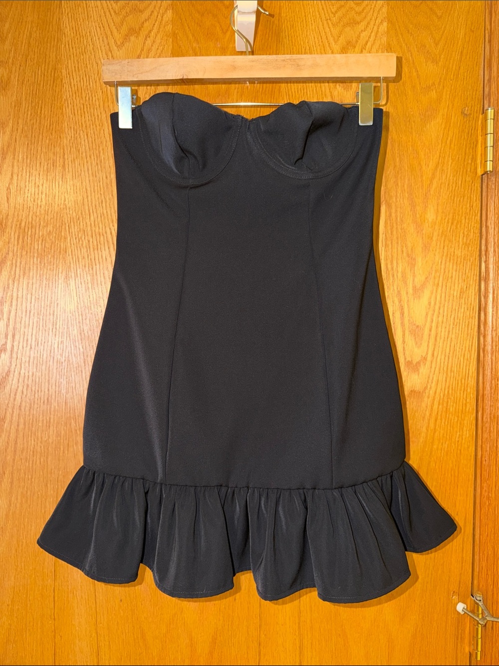 White Fox Strapless Black Ruffle-Hem Mini Dress